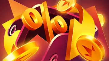 Изображение золотого символа процента в окружении золотых монет, символизирующее кэшбэк-бонус в Aurora Казино.